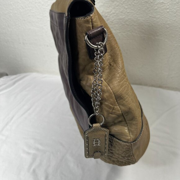 Olivia Harris Large Leather Flap Crossbody Bag Top Handle Croc Two Tone Brown - Picture 9 of 16